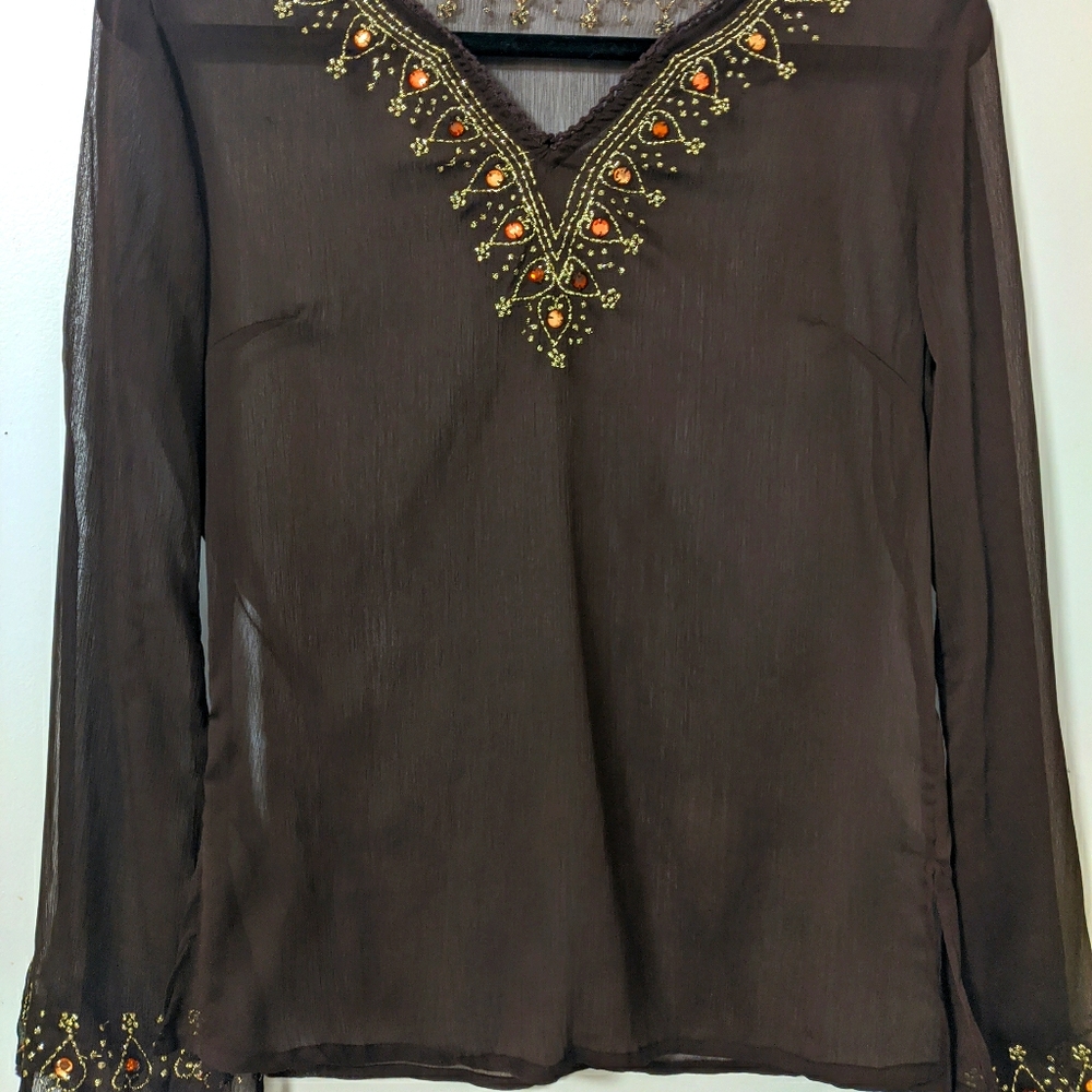 #25 Sheer top with rhinestones/gold stitching